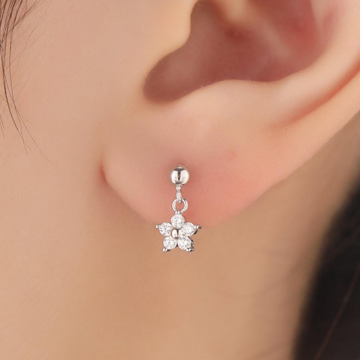 Sterling Silver Dainty CZ Flower Drop Stud Earrings, Dainty Dangle Daisy Flower Earrings, Silver Forget Me Not Tiny Earrings