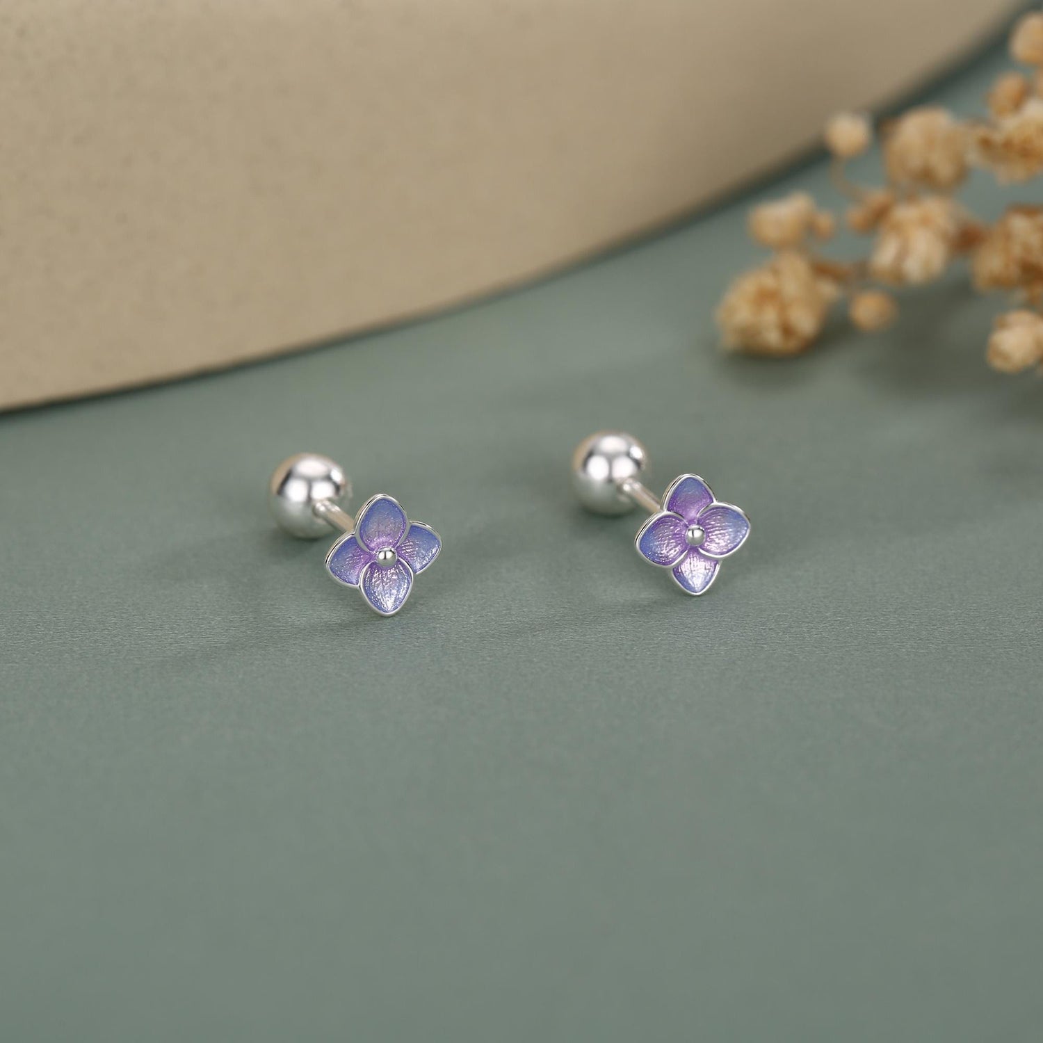 Sterling Silver Purple Hydrangea Flower 18G Screw Back Stud Earrings with Ball Backs