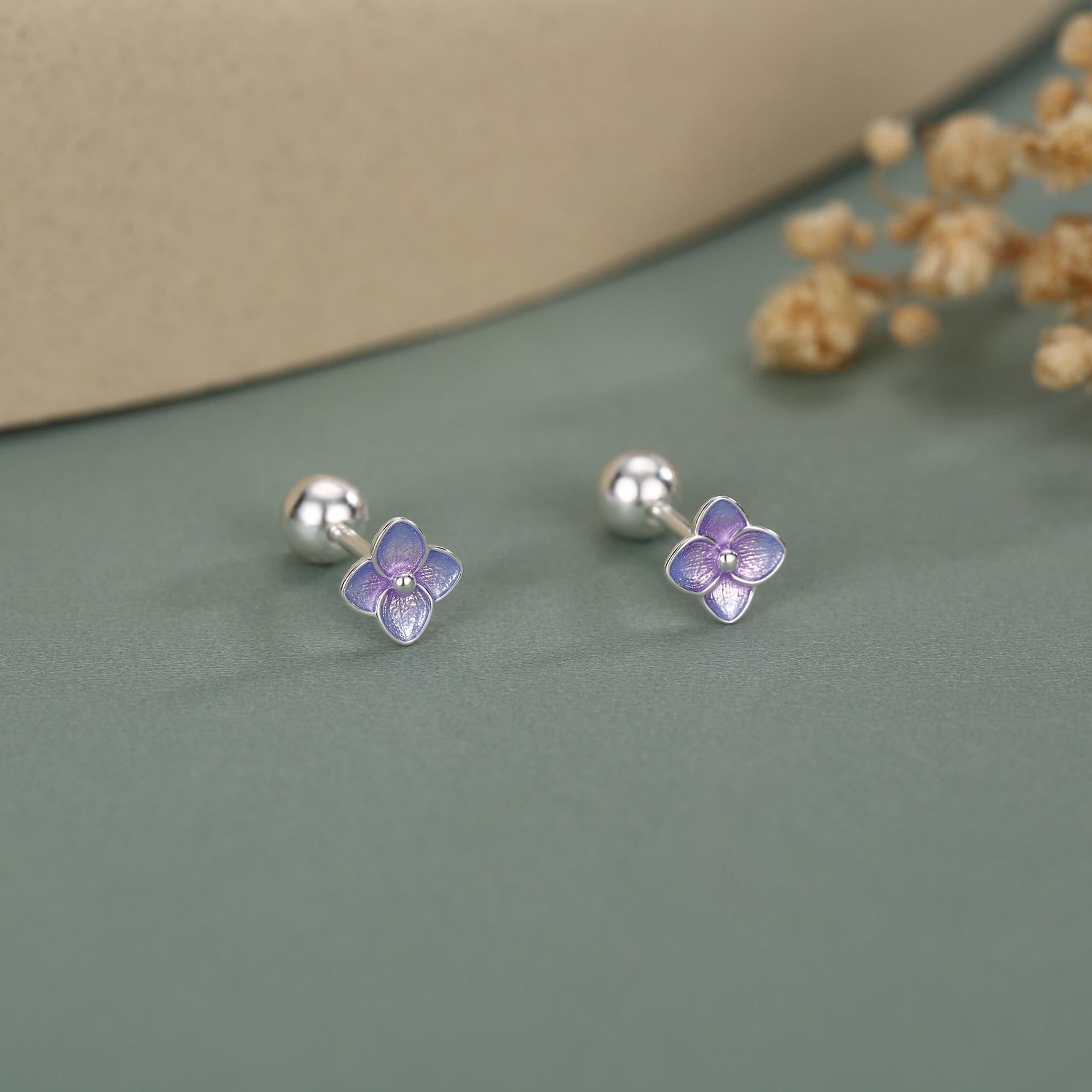 Sterling Silver Purple Hydrangea Flower 18G Screw Back Stud Earrings with Ball Backs