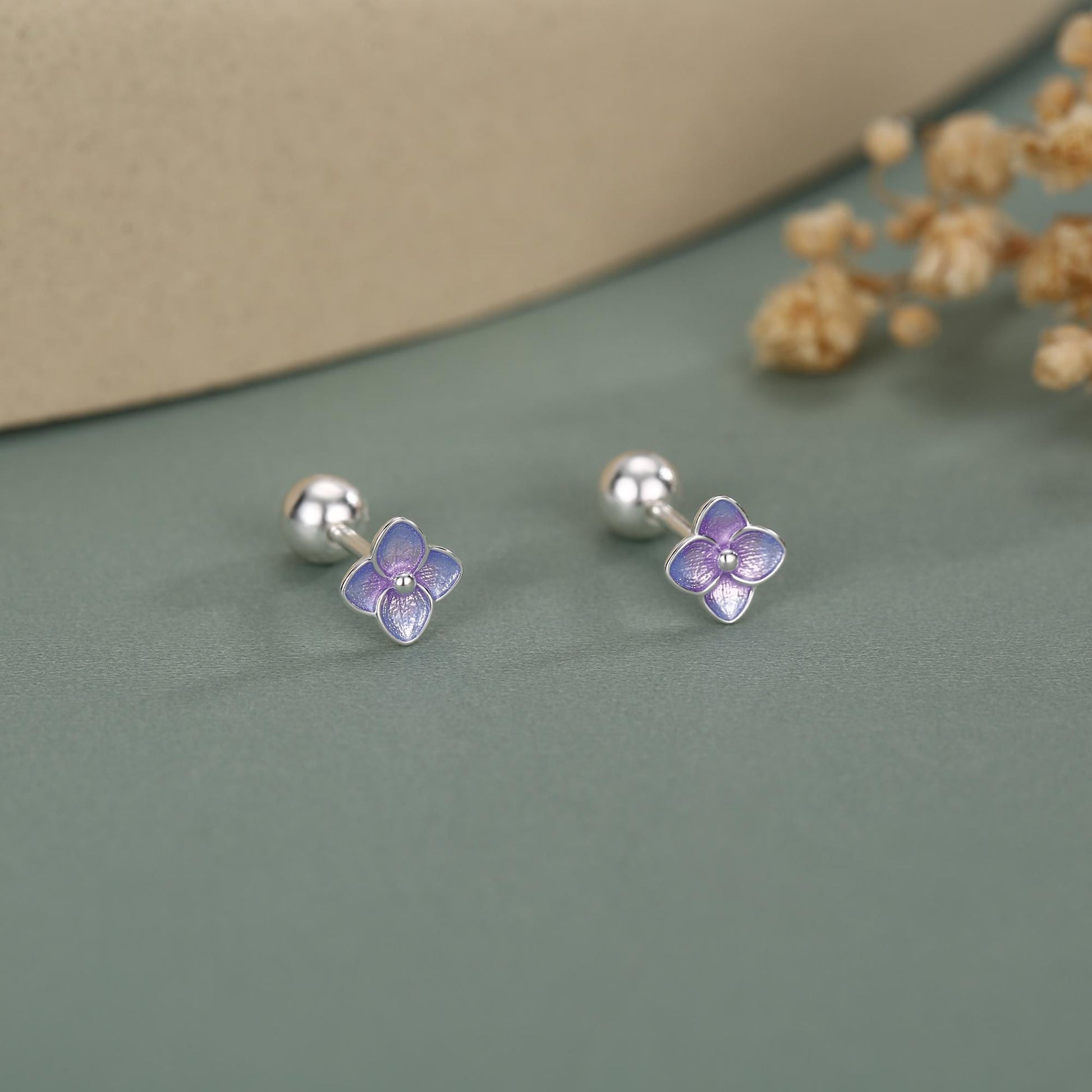 Sterling Silver Purple Hydrangea Flower 18G Screw Back Stud Earrings with Ball Backs