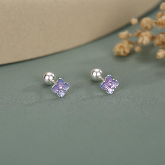 Sterling Silver Purple Hydrangea Flower 18G Screw Back Stud Earrings with Ball Backs