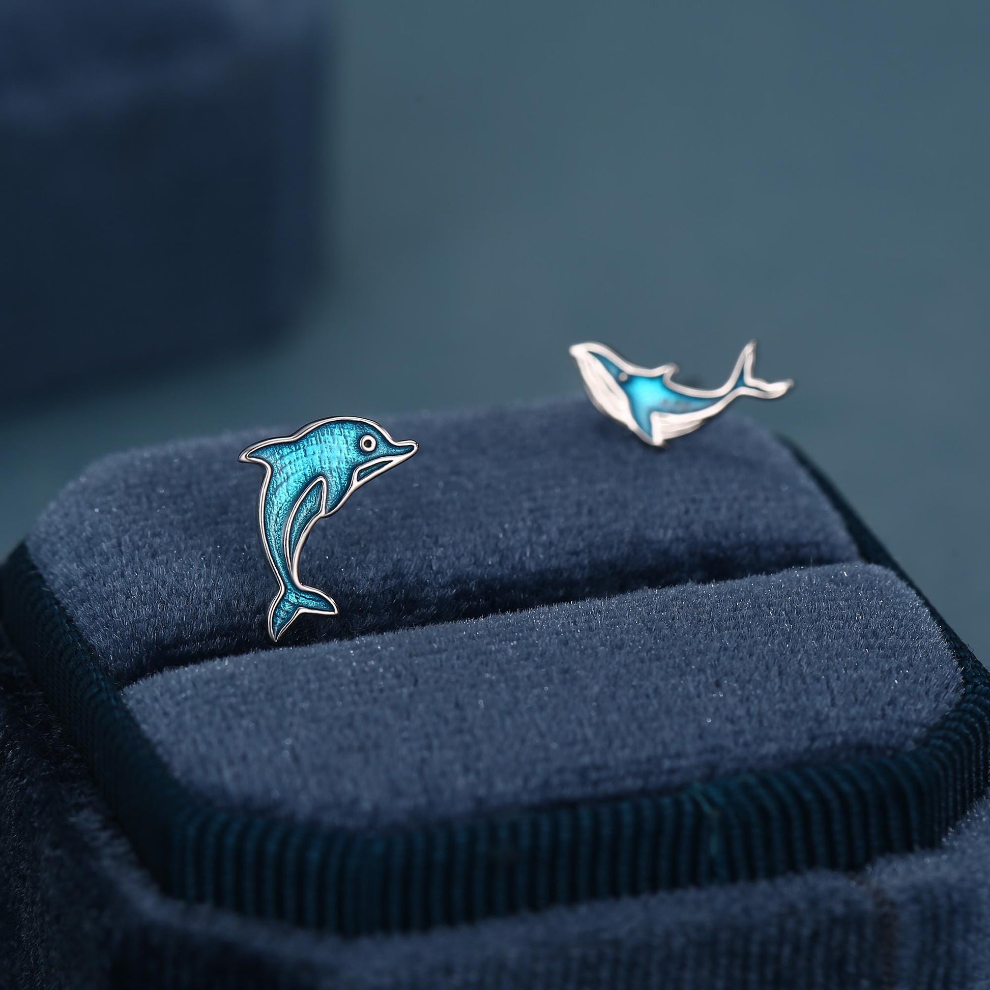 Sterling Silver Dolphin and Whale Mismatched Stud Earrings