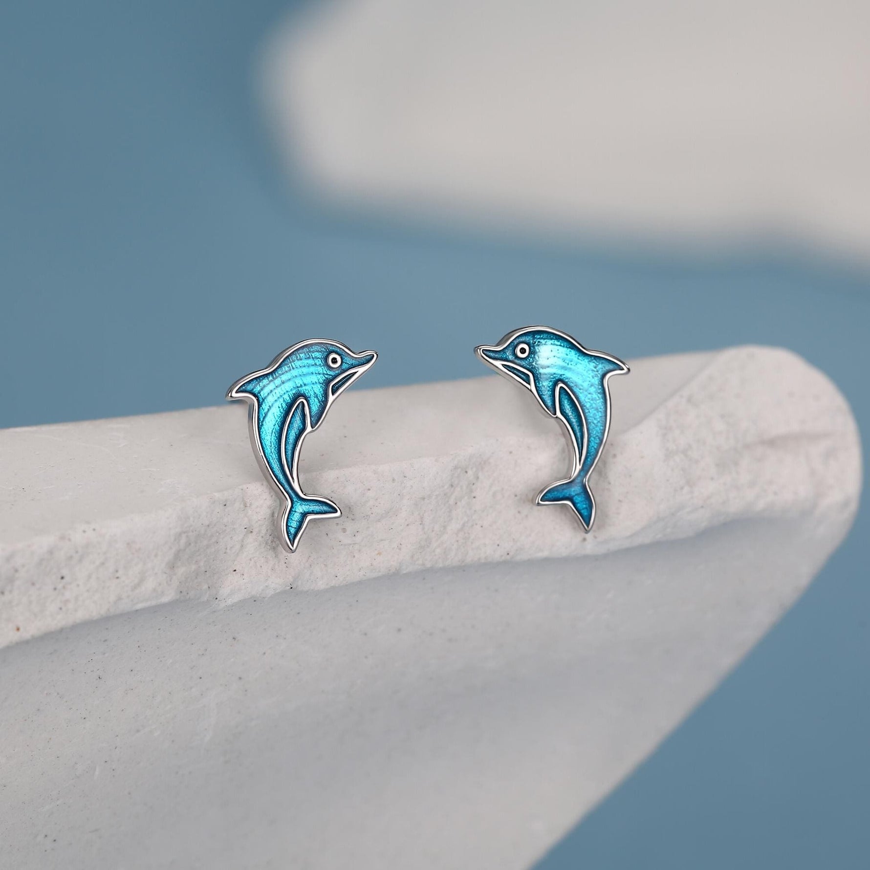 Sterling Silver Dolphin Stud Earrings with Blue Enamel