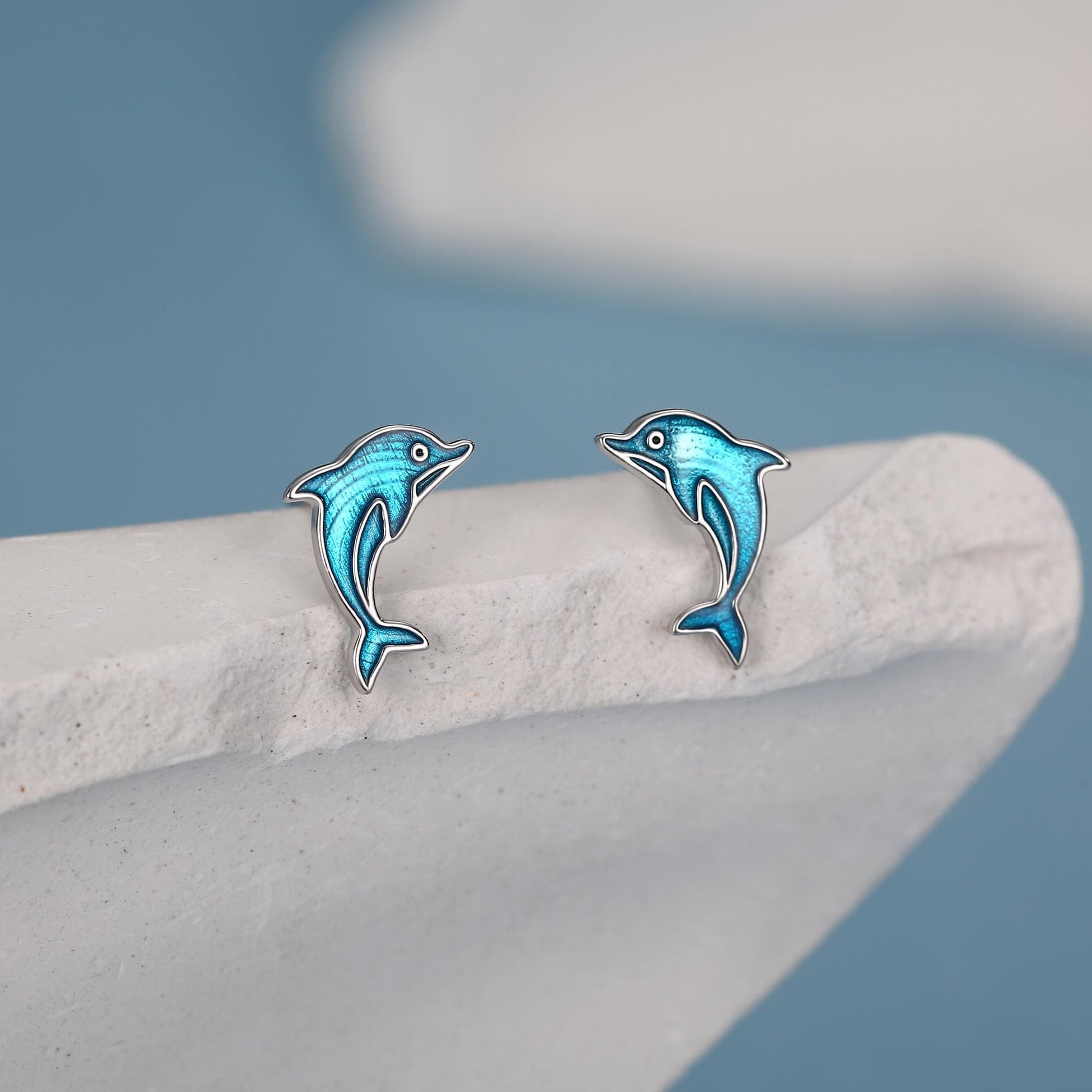 Sterling Silver Dolphin Stud Earrings with Blue Enamel