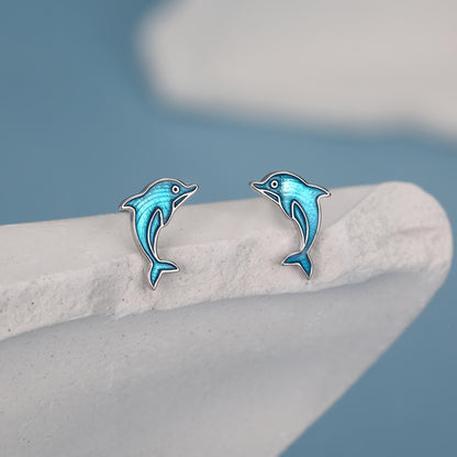 Sterling Silver Dolphin Stud Earrings with Blue Enamel