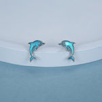 Sterling Silver Dolphin Stud Earrings with Blue Enamel