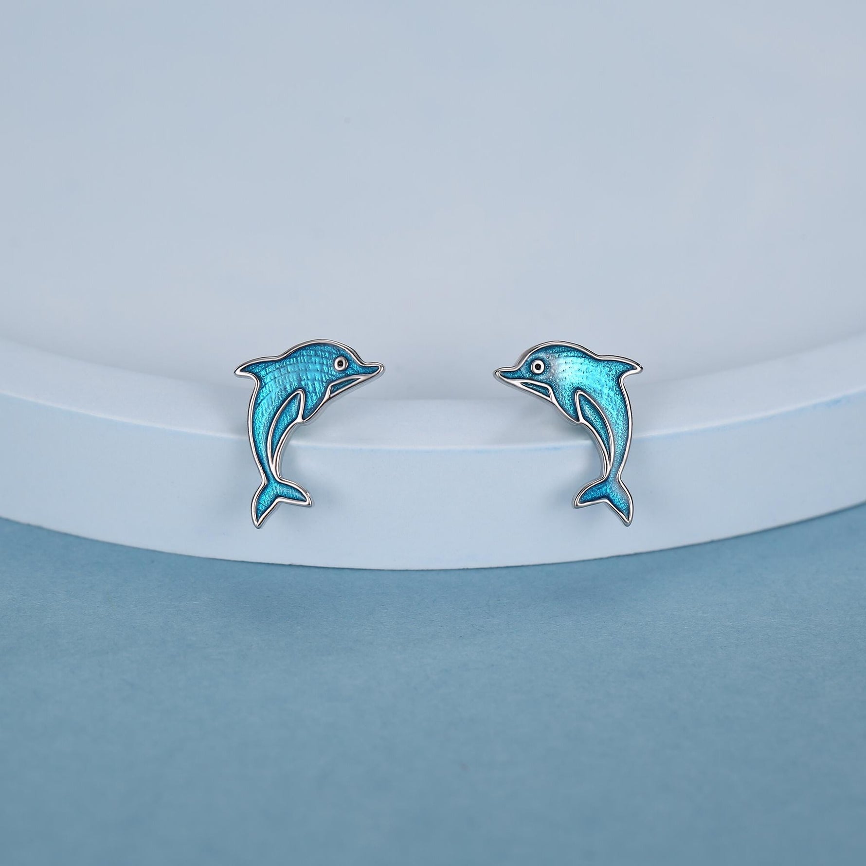 Sterling Silver Dolphin Stud Earrings with Blue Enamel