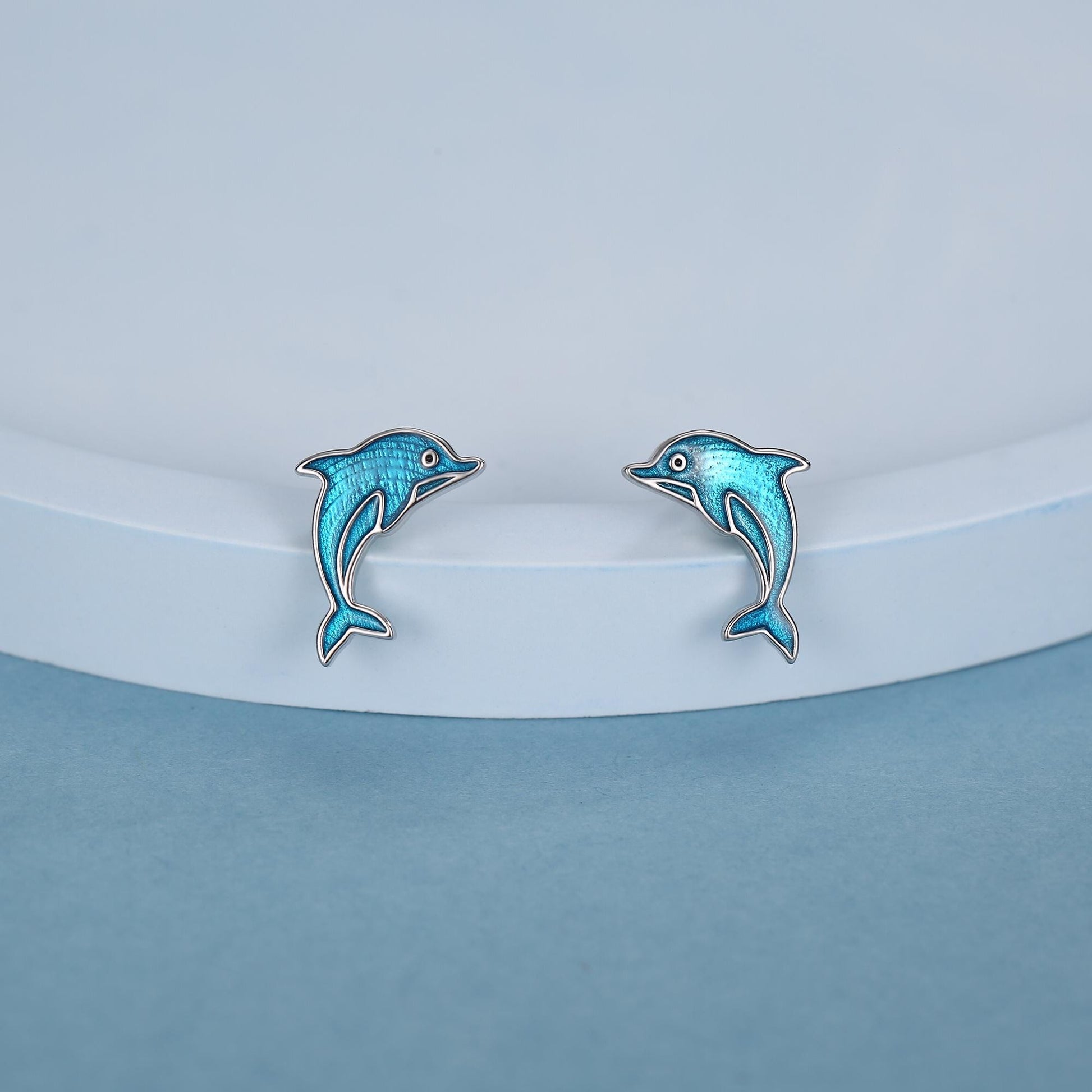 Sterling Silver Dolphin Stud Earrings with Blue Enamel