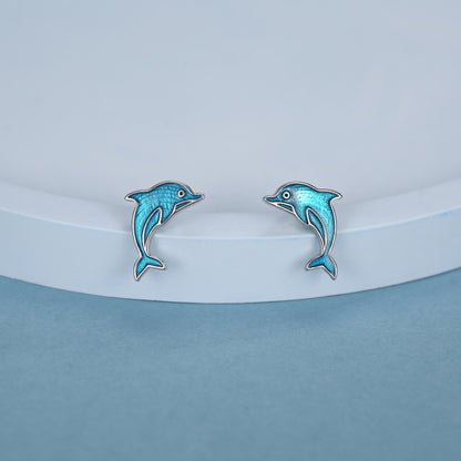 Sterling Silver Dolphin Stud Earrings with Blue Enamel