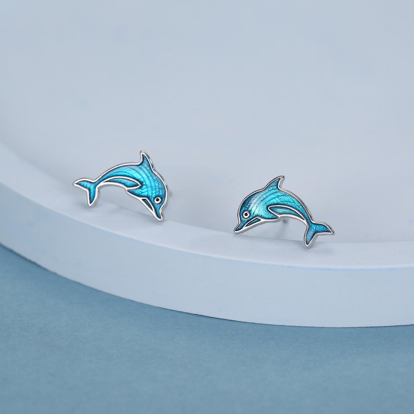 Sterling Silver Dolphin Stud Earrings with Blue Enamel