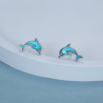 Sterling Silver Dolphin Stud Earrings with Blue Enamel
