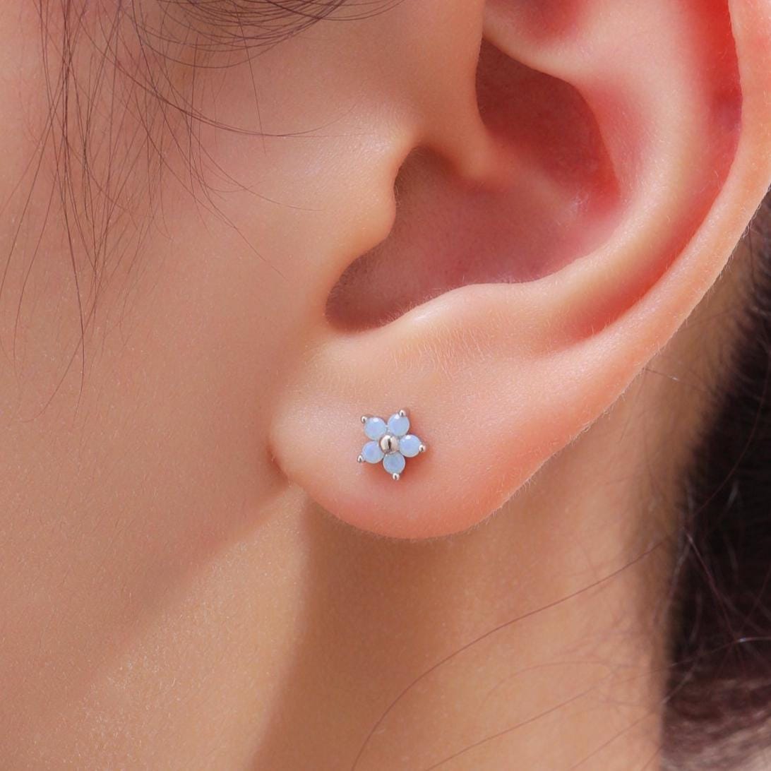 Tiny Opal Blue CZ Flower Stud Earrings in Sterling Silver, Silver or Gold, Blue CZ Flower Stud Earrings, Forget me not Flower Earrings