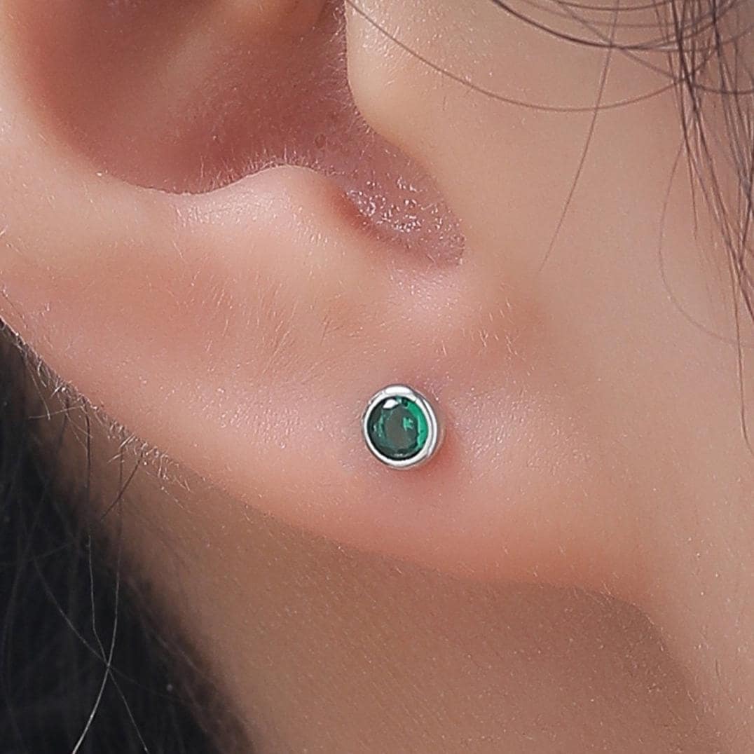 Green CZ Bezel Internally Threaded Flat Back Earrings in Sterling Silver, Silver or Gold, CZ Barbell Earrings