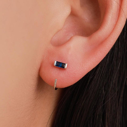 Sapphire Blue Baguette Cut CZ Huggie Hoop Earrings in Sterling Silver, Silver or Gold, Open Hoops, Pull-Through Threader Earrings