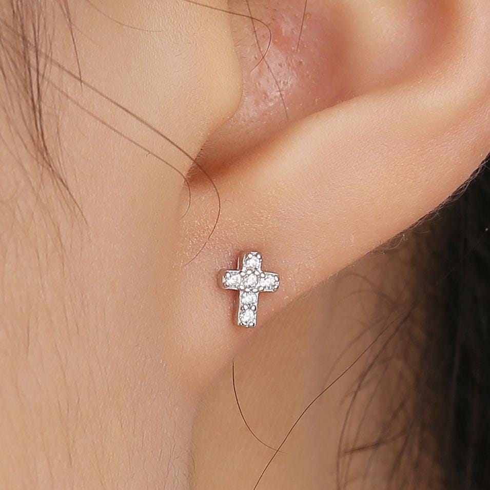 Very Tiny Cross Stud Earrings in Sterling Silver with CZ crystals, Crystal Pave Cross Earrings, Tiny Cross Stud
