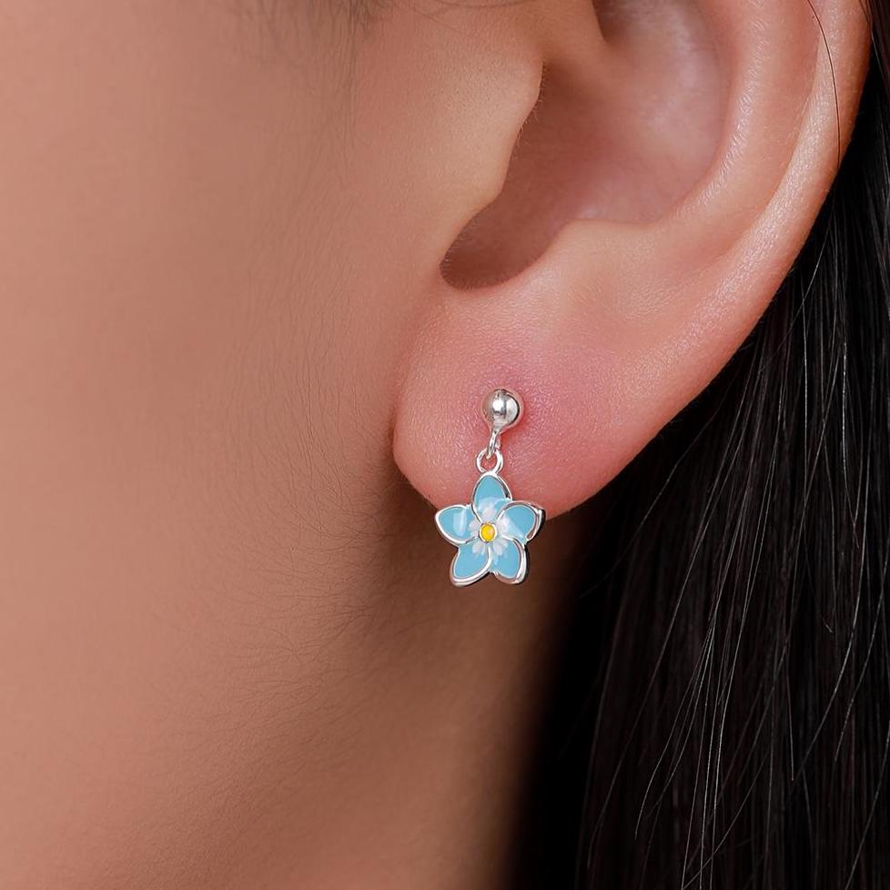 Dainty Forget-me-not Enamel Drop Stud Earrings in Sterling Silver, Flower Earrings, Blue Blossom Earrings, Forget me not earrings