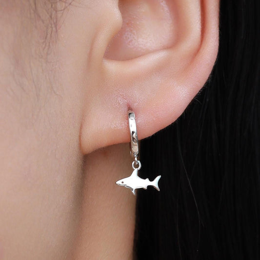 Tiny Shark Fish Huggie Hoop Earrings in Sterling Silver, Fish Earrings,Shark Fish Dangle Hoops, Fish Hoops, Ocean Animal Earrings