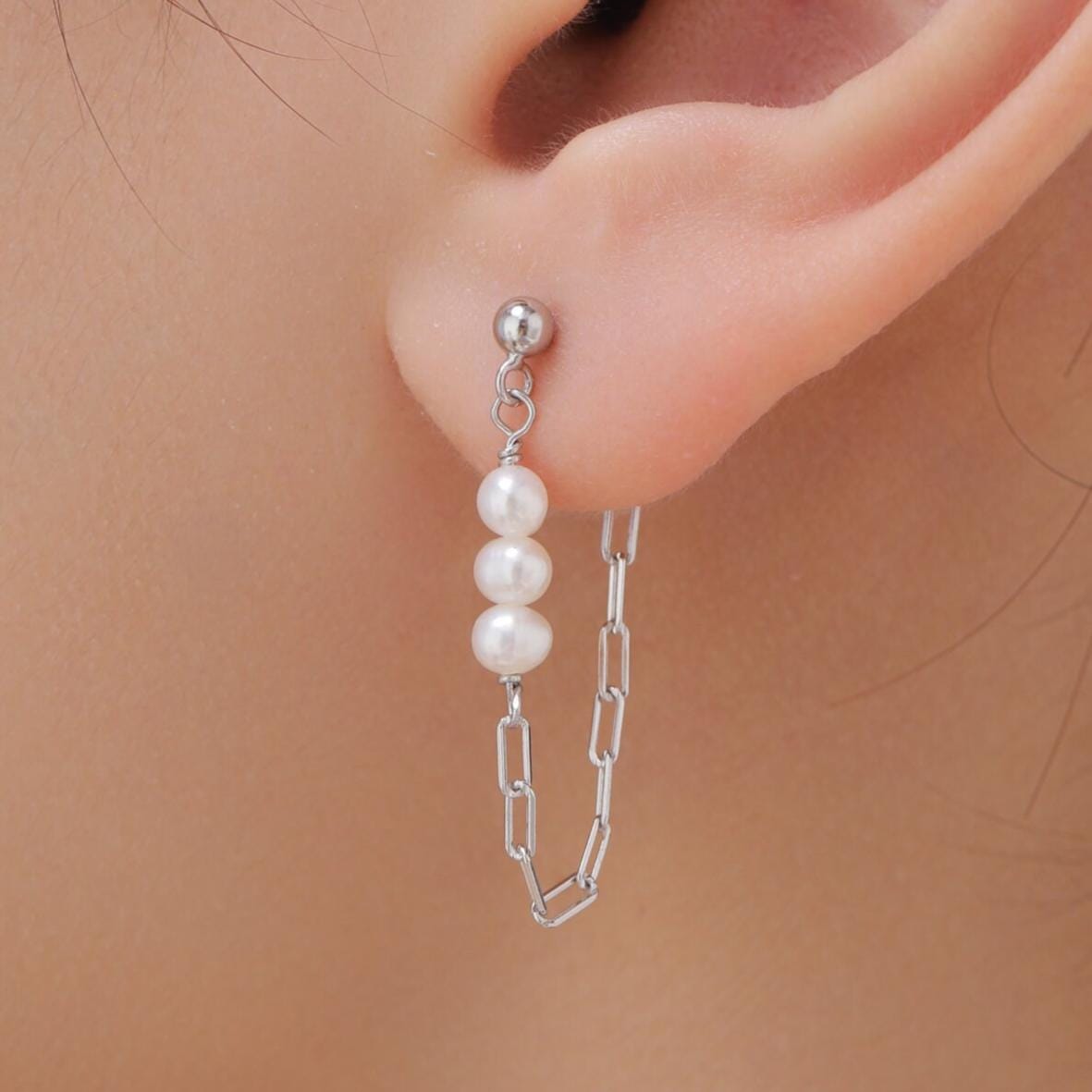 Sterling Silver Genuine Irregular Shape Pearl and Chain Earrings in Sterling Silver, Silver or Gold, Tiny Ear Jacket, Dainty Jewellery