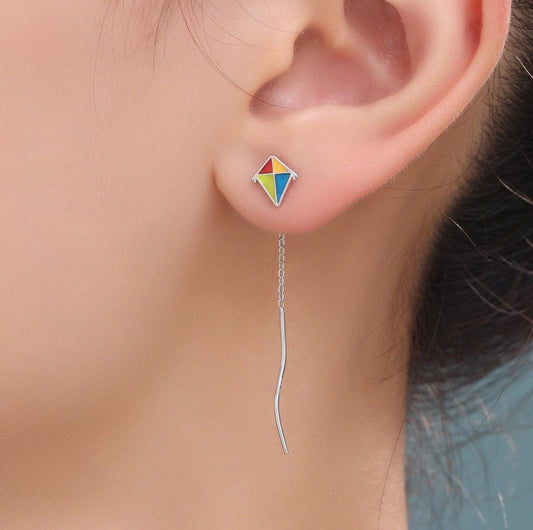 Sterling Silver Flying Kite Threader Earrings, Silver or Gold, Enamel Kite Dangle Drop Earrings, Cute and Quirky Design