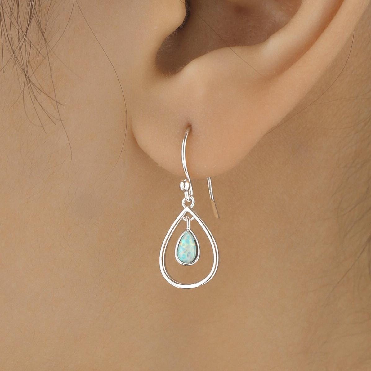 Opal Droplet Drop Hook Earrings in Sterling Silver, Aqua Green Opal or White Opal, Delicate Lab Opal Geometric Earrings, Droplet Earrings