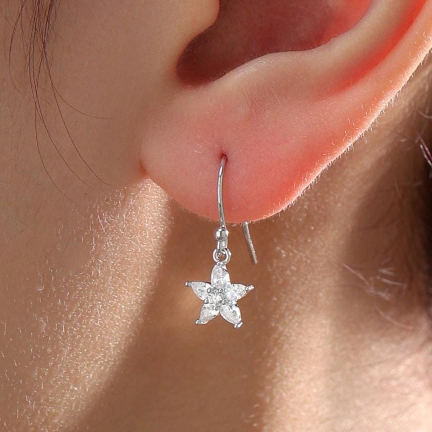 Sterling Silver Dainty CZ Flower Drop Dangle Earrings, Dainty Dangle Daisy Flower Drop Earrings, Silver Forget Me Not Hook Earrings