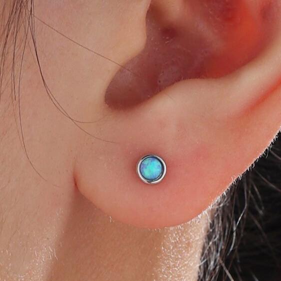 Tiny 3mm Aqua Green Opal Screw Back Earrings in Sterling Silver, Small Opal Stud, Blue Green Opal Screw Back Earrings, Fire Opal