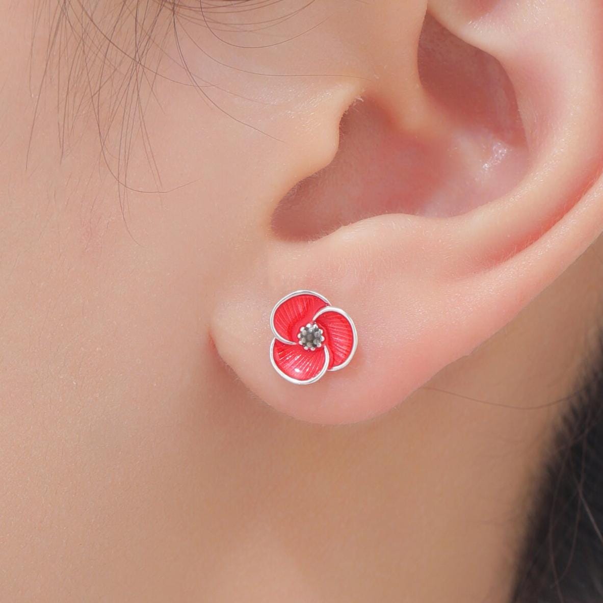 Poppy Flower Stud Earrings in Sterling Silver- Enamel Poppy Earrings - Flower Earrings - Blossom Earrings, August Birthflower