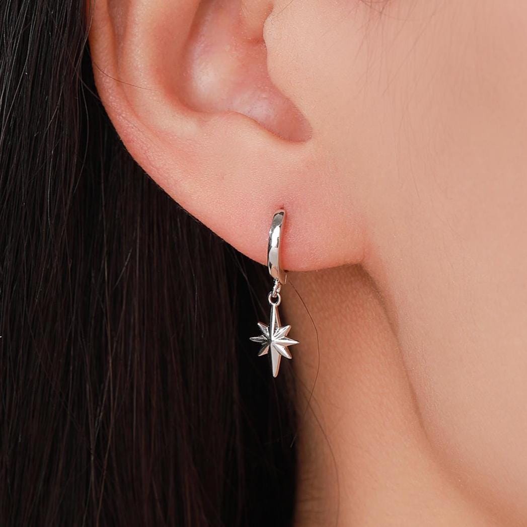 Starburst Huggie Hoop Earrings in Sterling Silver, Gold or Rose Gold, North Star Charm Earrings, Sunburst Earrings, Celestial Jewellery