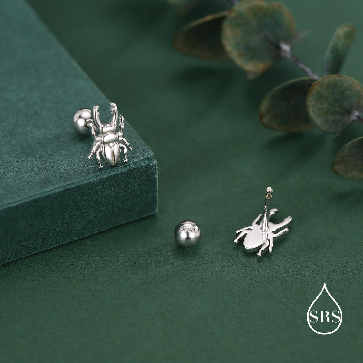 Sterling Silver Beetle 18G Screw Back Stud Earring with Ball Back