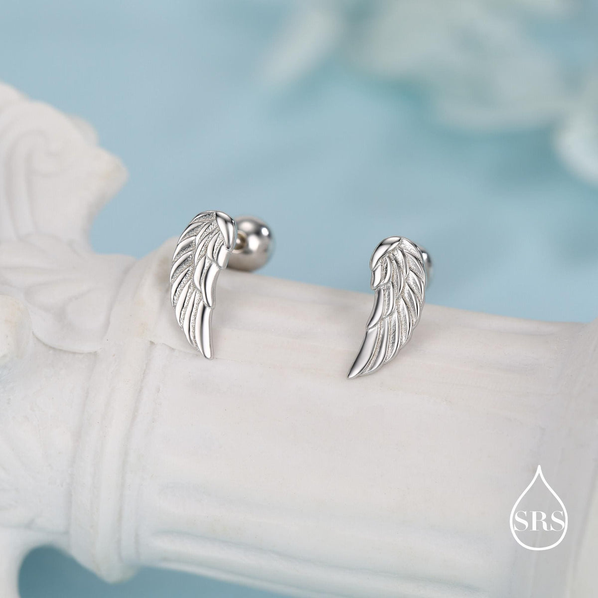 Sterling Silver Angel Wing 16G Screw Back Stud Earrings with Ball Backs
