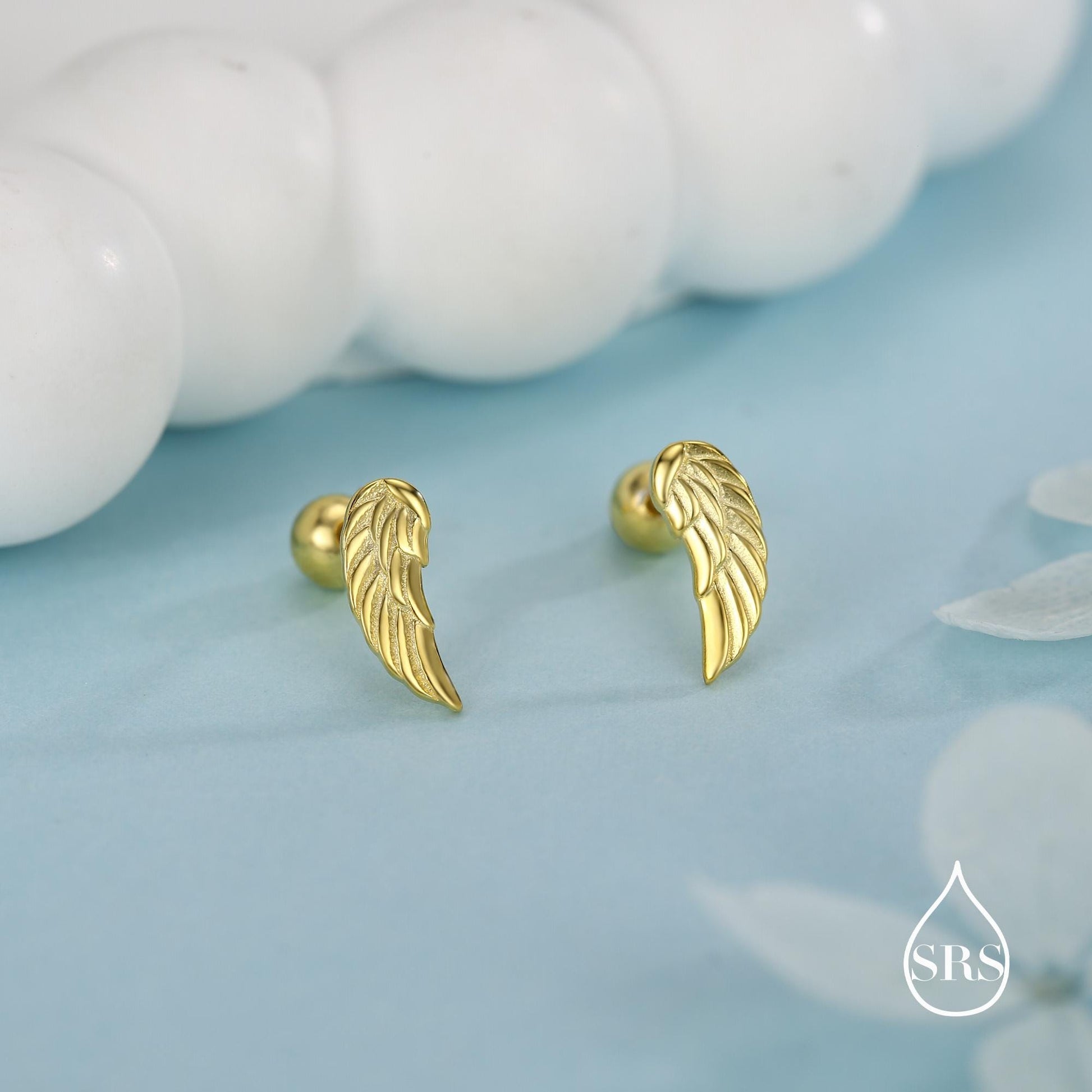 Sterling Silver Angel Wing 16G Screw Back Stud Earrings with Ball Backs