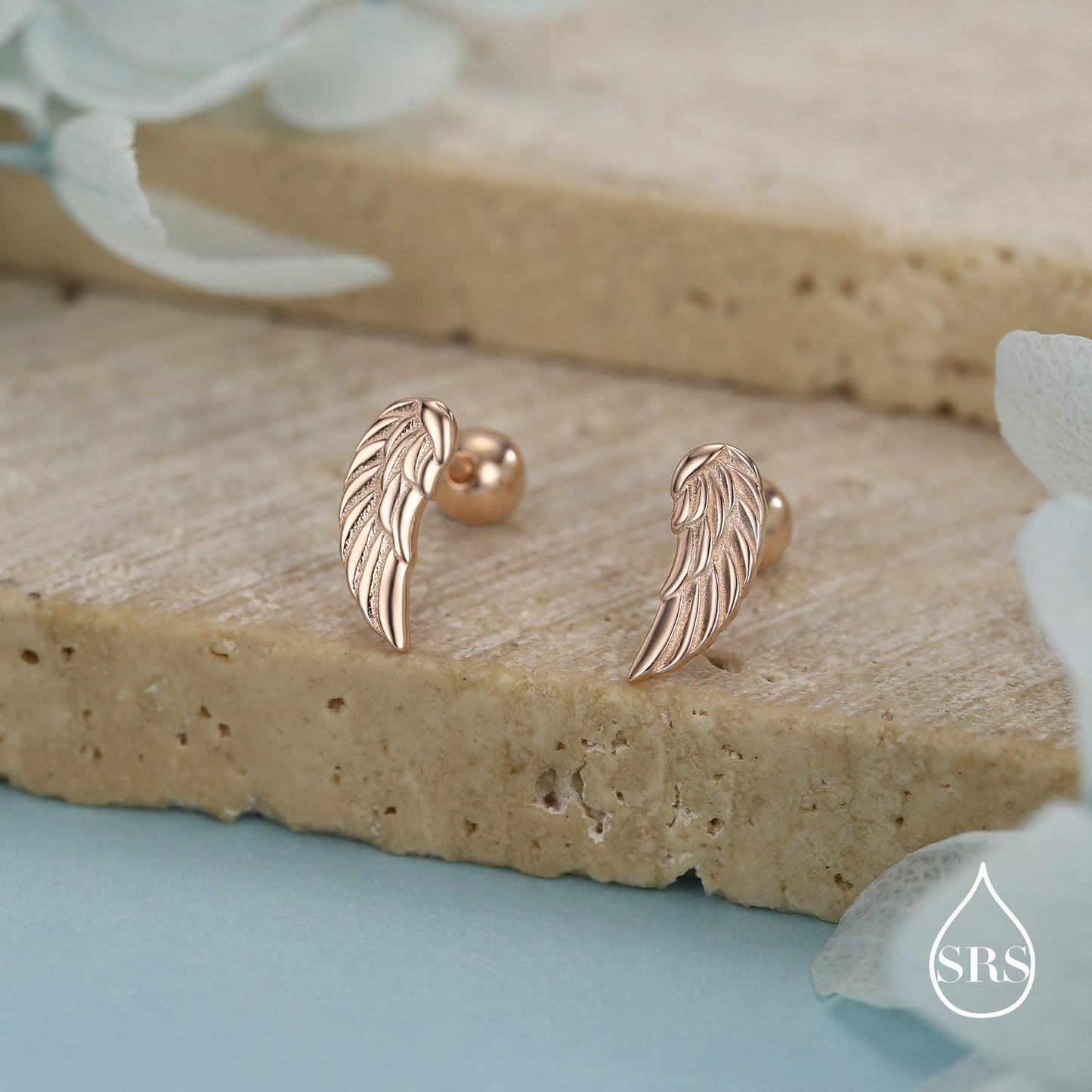 Sterling Silver Angel Wing 16G Screw Back Stud Earrings with Ball Backs