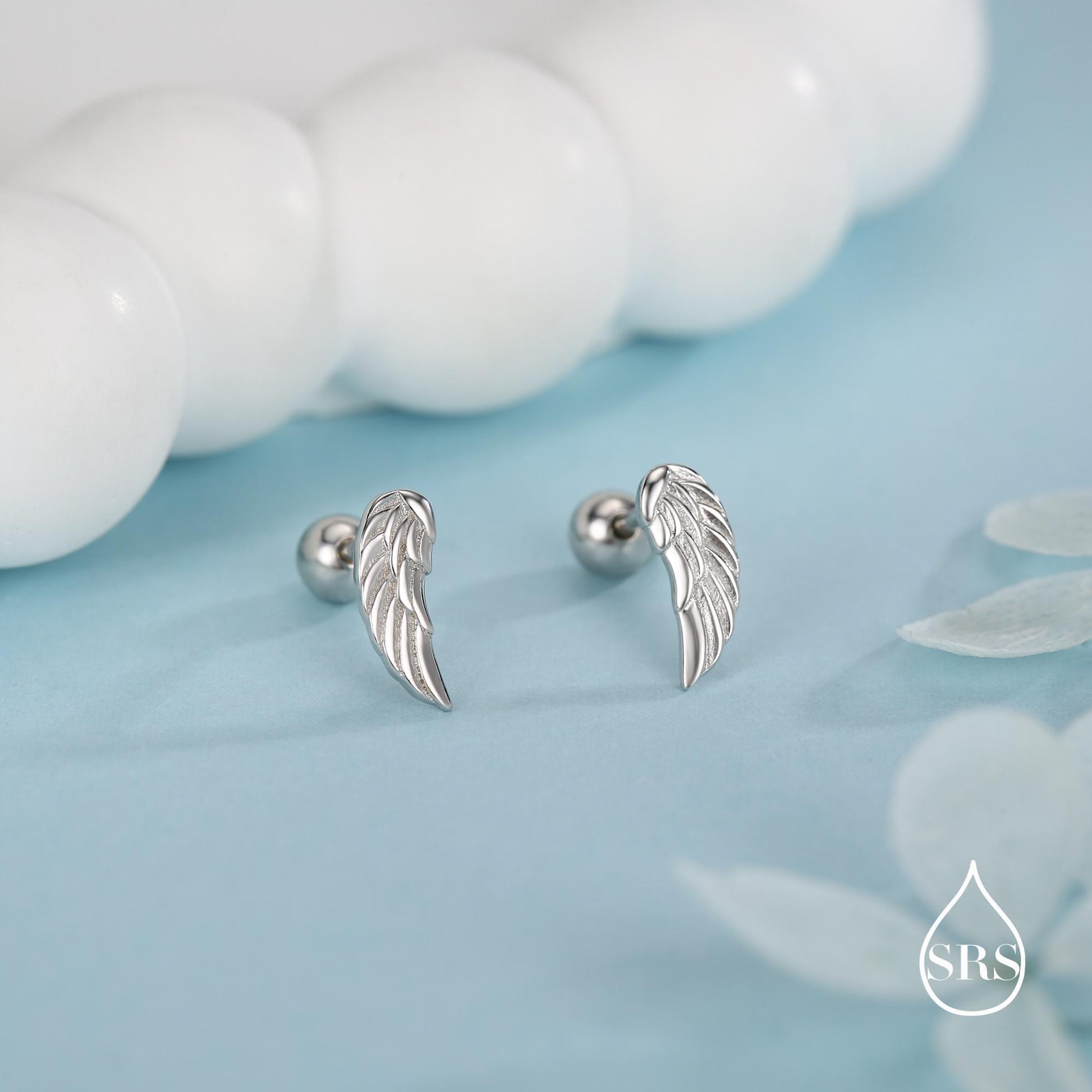 Sterling Silver Angel Wing 16G Screw Back Stud Earrings with Ball Backs