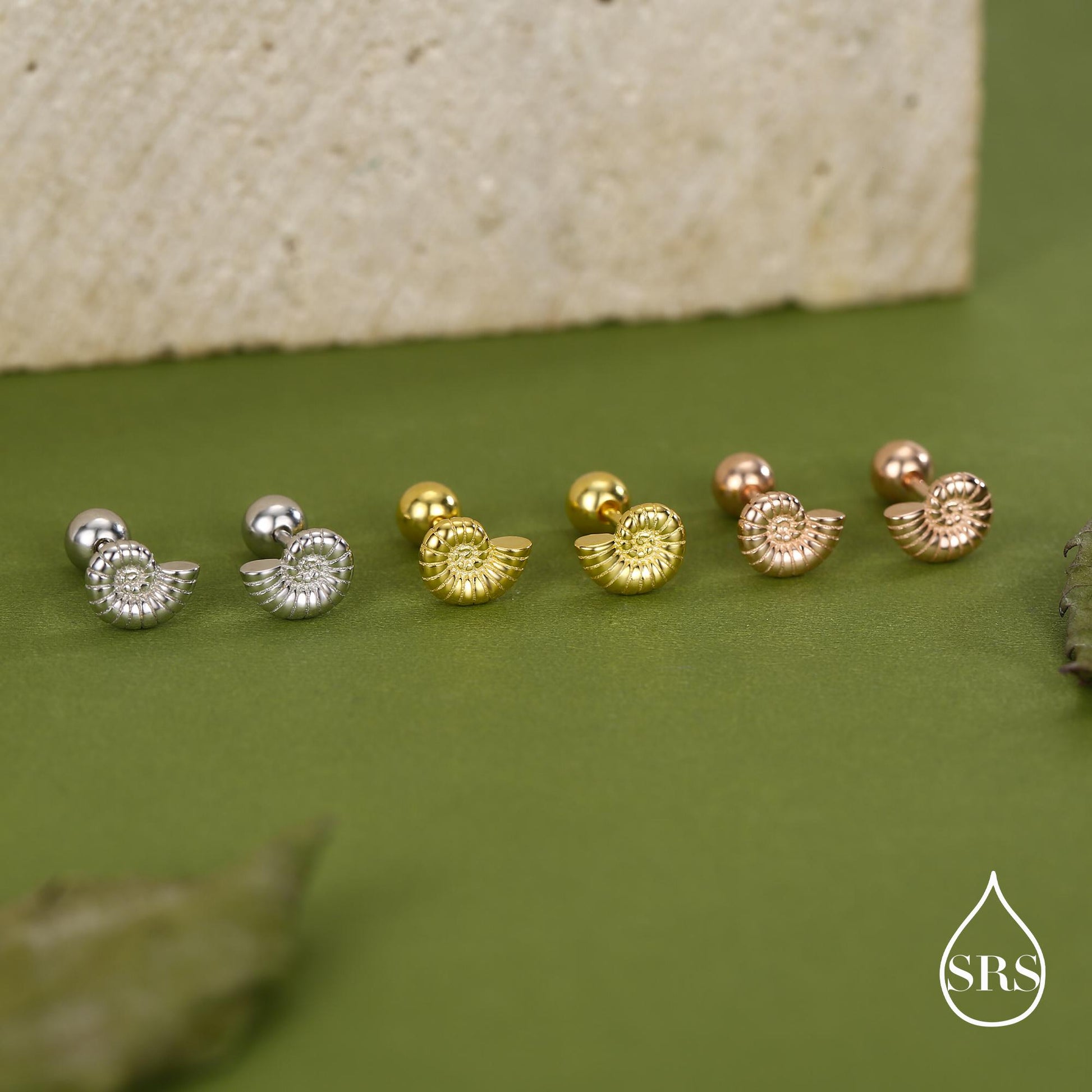 Sterling Silver Ammonite Nautilus Shell 16G Screw Back Stud Earrings with Ball Backs