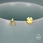 Mismatched Wishbone and Clover Leaf Stud Earrings in Sterling Silver, Silver, Gold or Rose Gold Finish, Asymmetric Small Good Luck Earring