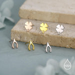 Mismatched Wishbone and Clover Leaf Stud Earrings in Sterling Silver, Silver, Gold or Rose Gold Finish, Asymmetric Small Good Luck Earring