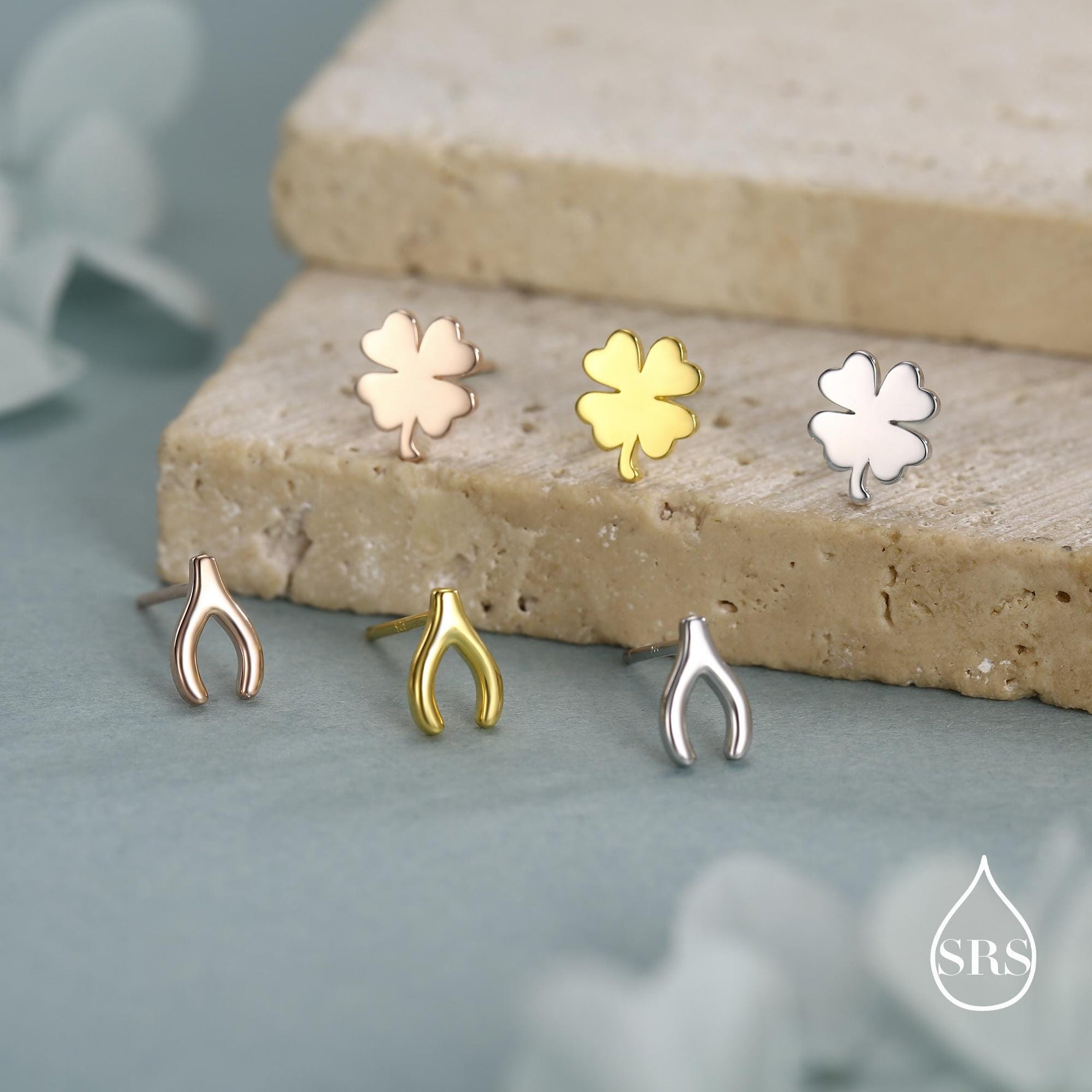 Mismatched Wishbone and Clover Leaf Stud Earrings in Sterling Silver, Silver, Gold or Rose Gold Finish, Asymmetric Small Good Luck Earring