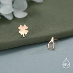 Mismatched Wishbone and Clover Leaf Stud Earrings in Sterling Silver, Silver, Gold or Rose Gold Finish, Asymmetric Small Good Luck Earring