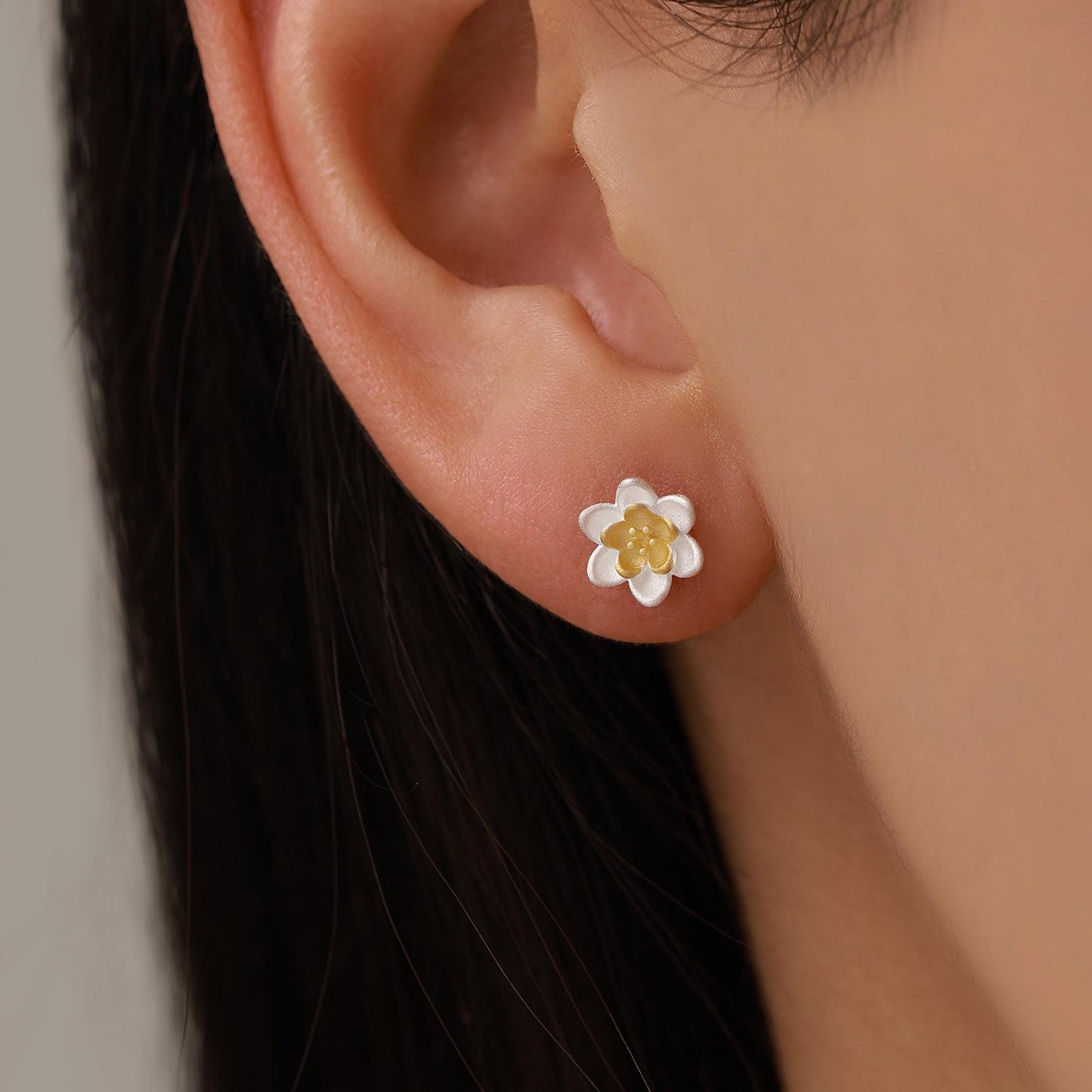 Sterling Silver Water Lily Stud Earrings with Gold-Tone Centre