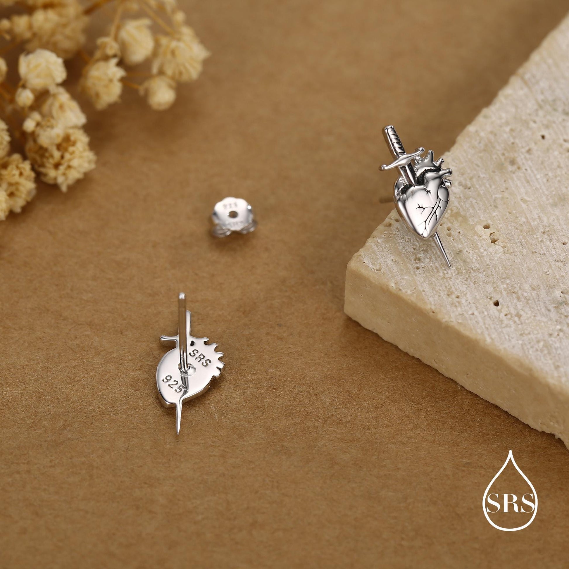 Sterling Silver Anatomical Heart Dagger Stud Earrings