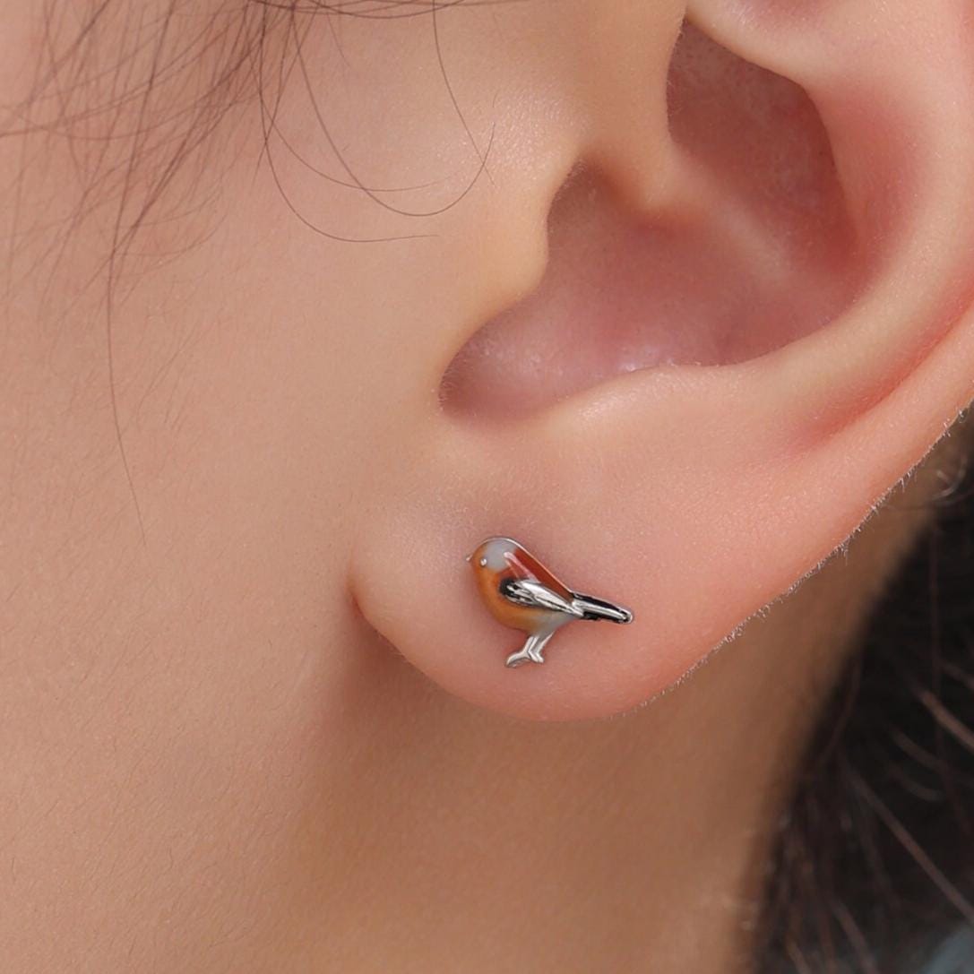 Hand Painted Robin Bird Stud Earrings in Sterling Silver, Dainty British Bird Earrings, Nature Inspired Animal Earrings