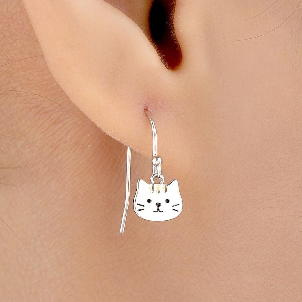 Super Cute Cat Drop Hook Earrings in Sterling Silver - Cute Cat Drop Earrings, Cat Lover Gift, Cat Mum Gift, Cat Dangle Earrings