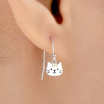 Super Cute Cat Drop Hook Earrings in Sterling Silver - Cute Cat Drop Earrings, Cat Lover Gift, Cat Mum Gift, Cat Dangle Earrings