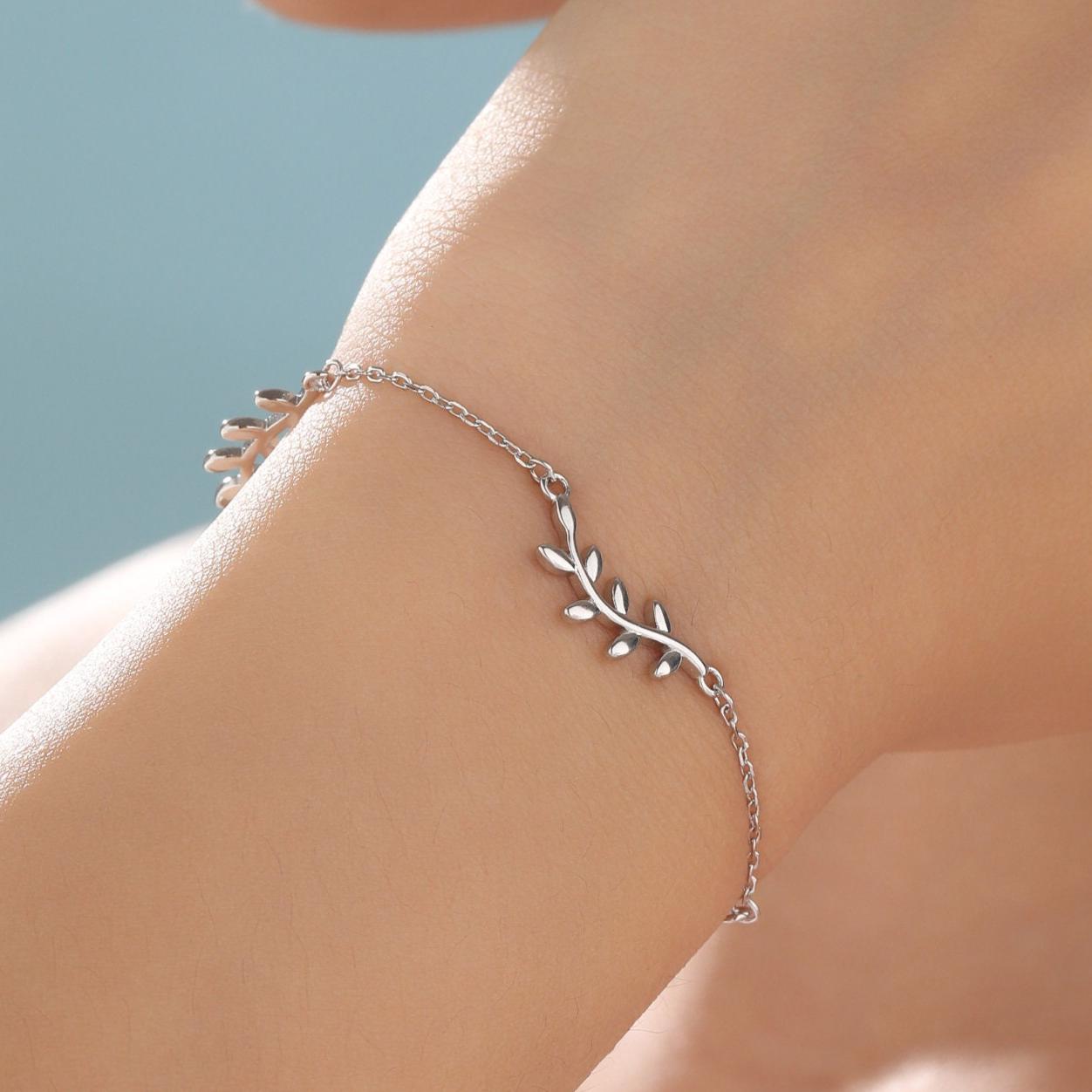 Leaf Motif Bracelet in Sterling Silver, Silver or Gold or Rose gold, Olive Leaf Bracelet, Olive Branch Bracelet