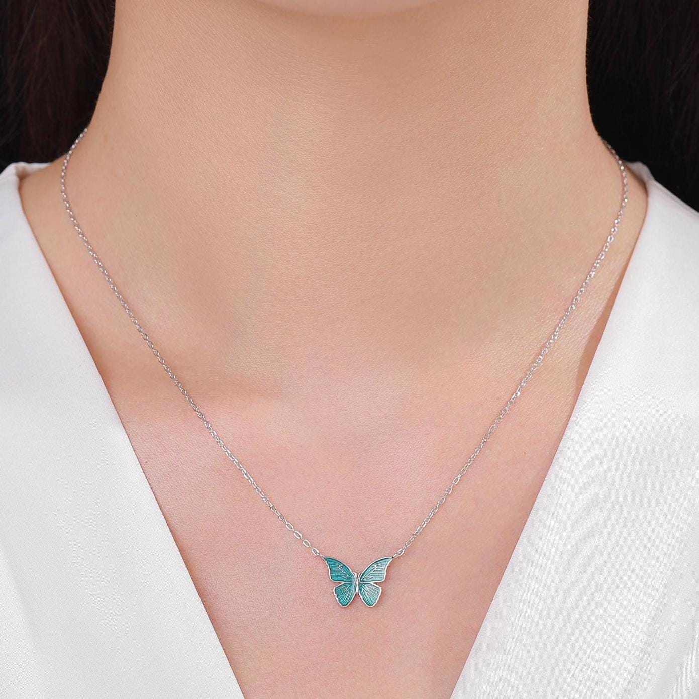 Blue Enamel Butterfly Charm Necklace