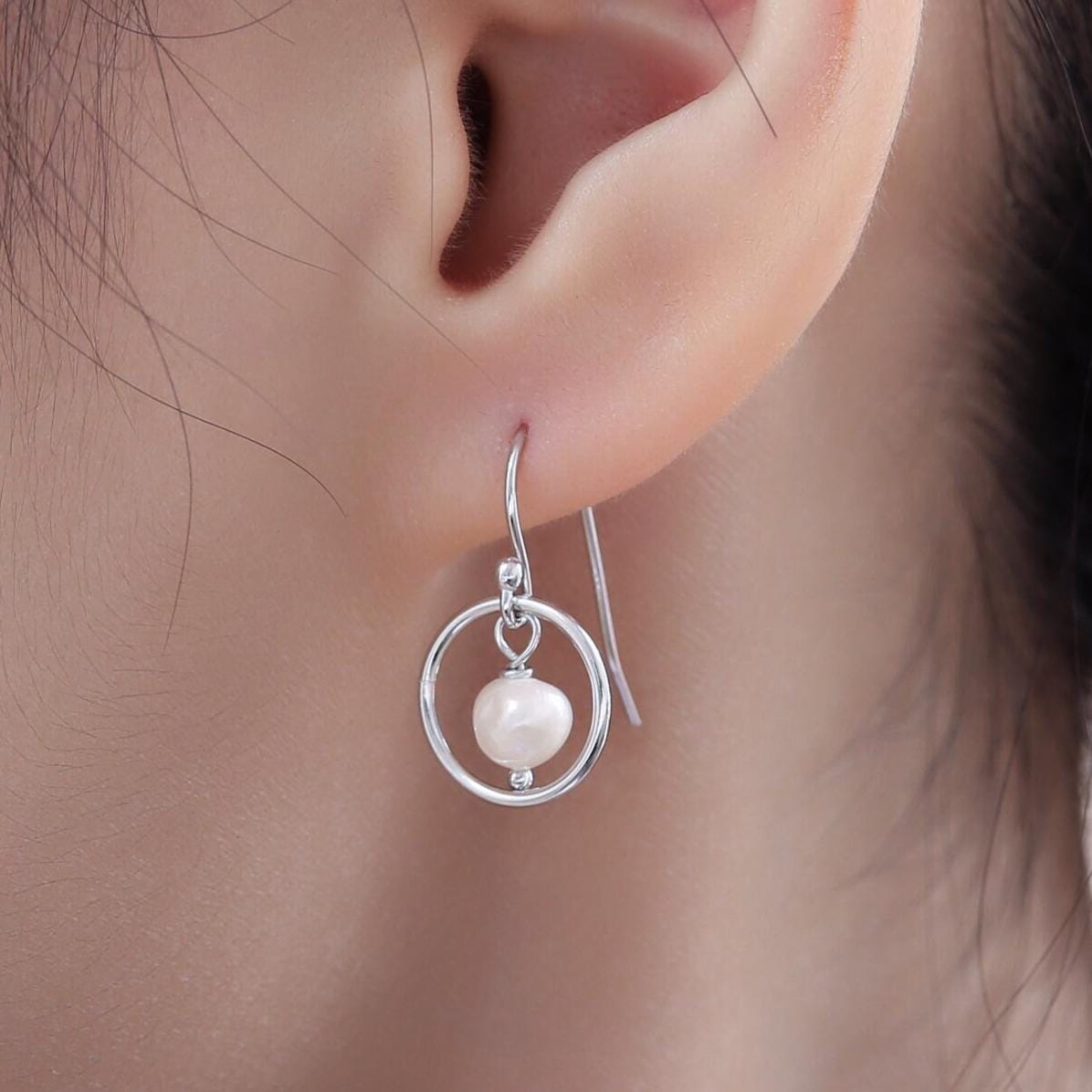 Genuine Freshwater Pearl and Circle Drop Earrings in Sterling Silver, Delicate Keshi Pearl Halo Earrings, Genuine Near Round Pearls.
