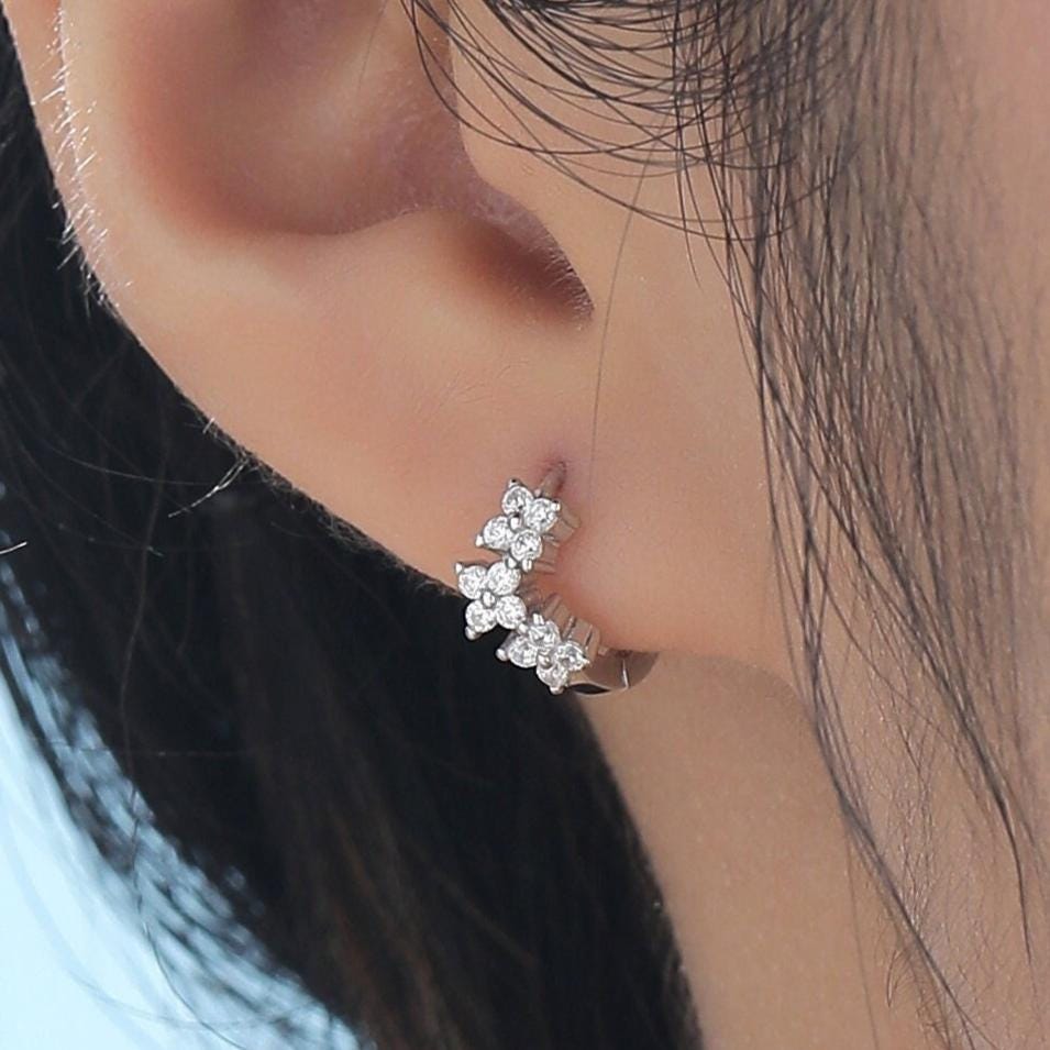 Hydrangea Flower Bouquet CZ Huggie Hoop Earrings in Sterling Silver, Silver or Gold or Rose Gold, CZ Hoops, Flower Hoops, Dainty CZ Hoops