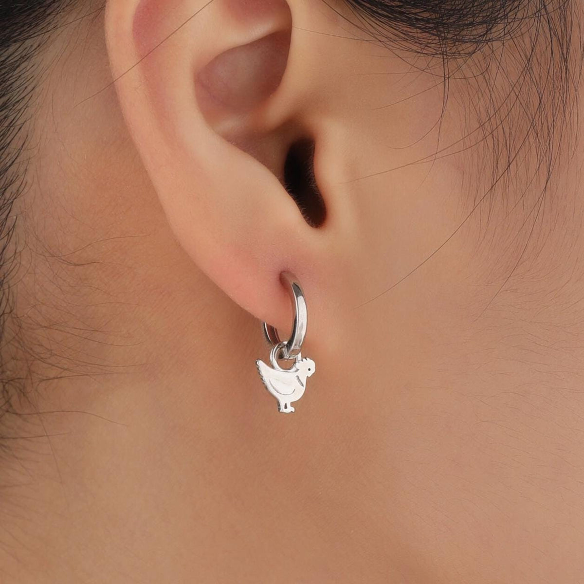 Sterling Silver Chicken Dangle Huggie Hoops, Detachable Chicken Hoop Earrings, Detachable Chicken Bird Hoop Earrings