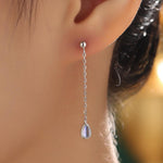 Sterling Silver Tiny Moonstone Droplet Drop Stud Earrings, Silver or Gold, Lab Moonstone Dangle Chain Earrings
