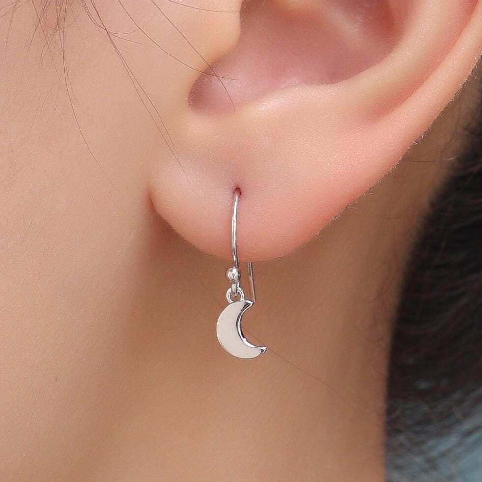 Asymmetric Moon and Star Dangle Drop Hook Earrings in Sterling Silver, Silver or Gold or Rose Gold, Tiny Moon and Star Dangle Earrings